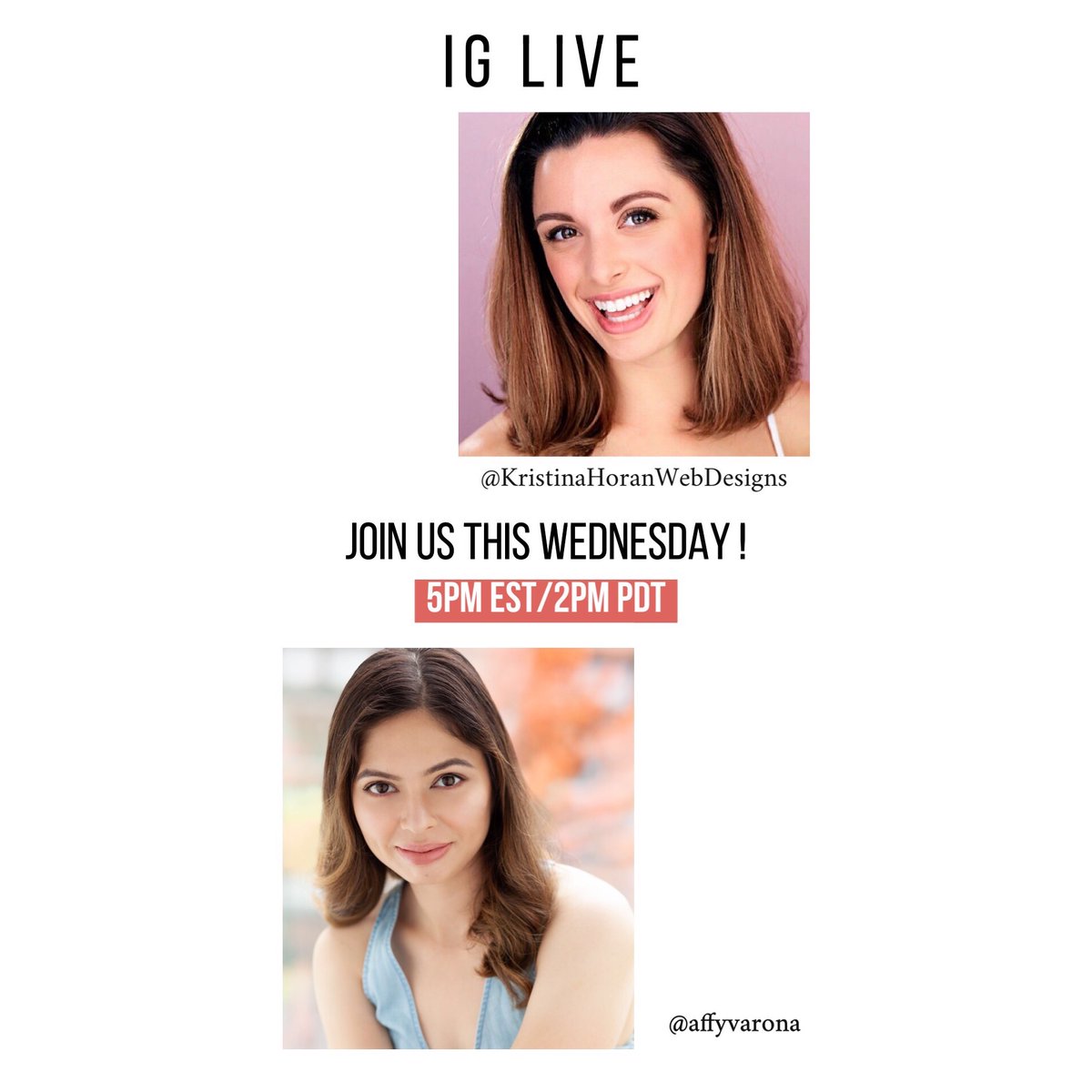 Hey guys!

Enjoy 25% off Website Redesigns and Websites from Scratch with the code below!

Also, dont forget to join us on Instagram @KristinaHoranWebDesigns this Wednesday July 1st 5pm for an IG LIVE with Vancouver actress Affy Varona! - mailchi.mp/d0f0d8b85c7f/i…