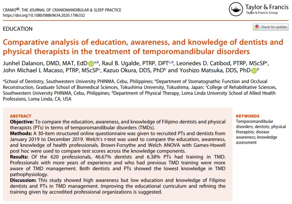 SWUdent's tweet photo. Comparative analysis of education, awareness, and knowledge of dentists and physical therapists in the treatment of temporomandibular disorders

https://t.co/1B6YgUhMlX https://t.co/Ad1tjeqX9t