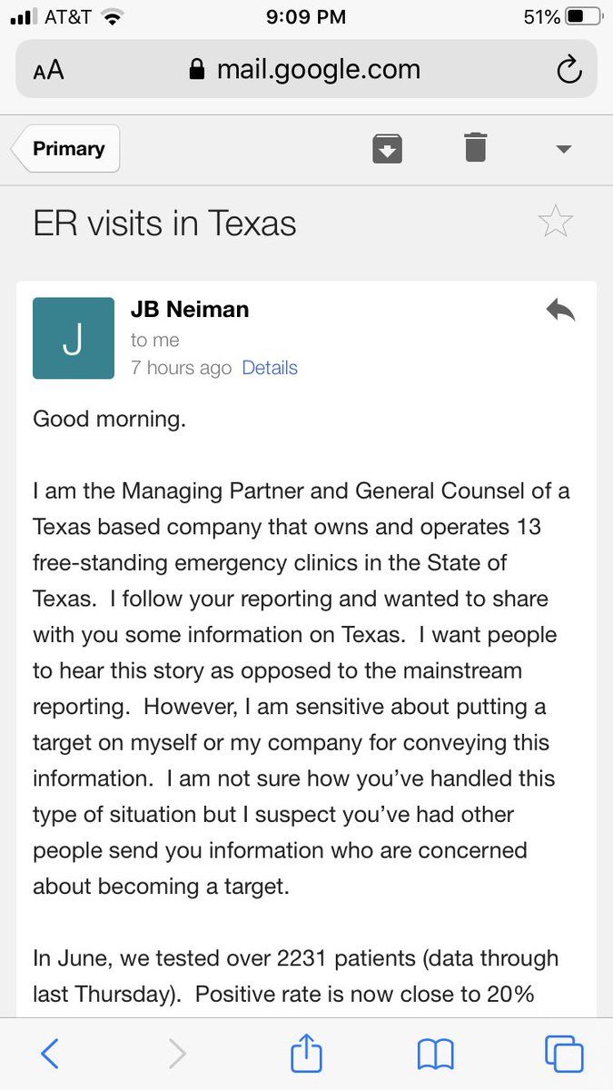 Wondering what’s really happening in Texas? Here’s the email, from a senior executive at a Texas ER chain that sees thousands of patients a month. He went on the record - a brave move. I’m going to let him speak for himself. (Two tweets of screenshots. Worth reading to the end.)