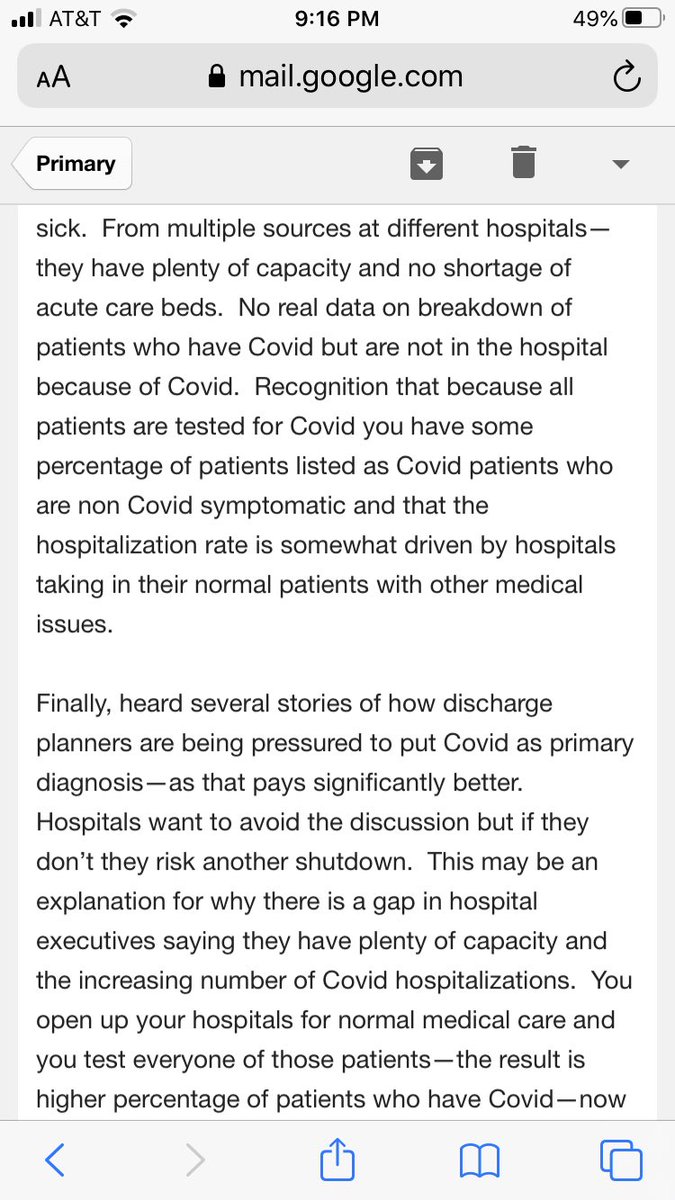 Wondering what’s really happening in Texas? Here’s the email, from a senior executive at a Texas ER chain that sees thousands of patients a month. He went on the record - a brave move. I’m going to let him speak for himself. (Two tweets of screenshots. Worth reading to the end.)