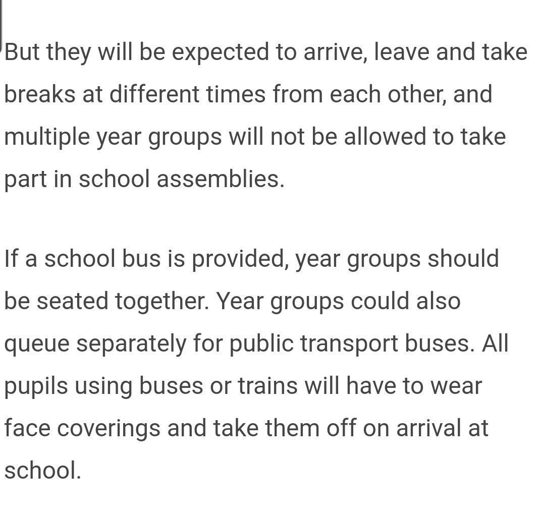 35/ School buses: I think this might win the award for WTF are they thinking. Looking forward to 7 different queues and enforcing seating by year group. Moment bus leaves school they are all going to switch seats. But they do have to wear masks on the bus but not in school?!