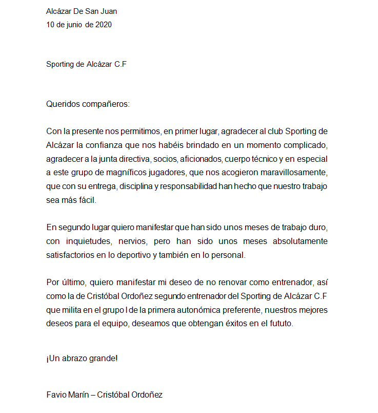 Favio Marín y Cristóbal Ordóñez han decidido "no renovar" y se despiden del club con esta carta

Sólo tenemos palabras de agradecimiento por el tremendo esfuerzo y trabajo realizado en este tiempo. Han sido pieza fundamental para revertir una complicada situación

Toda la suerte!
