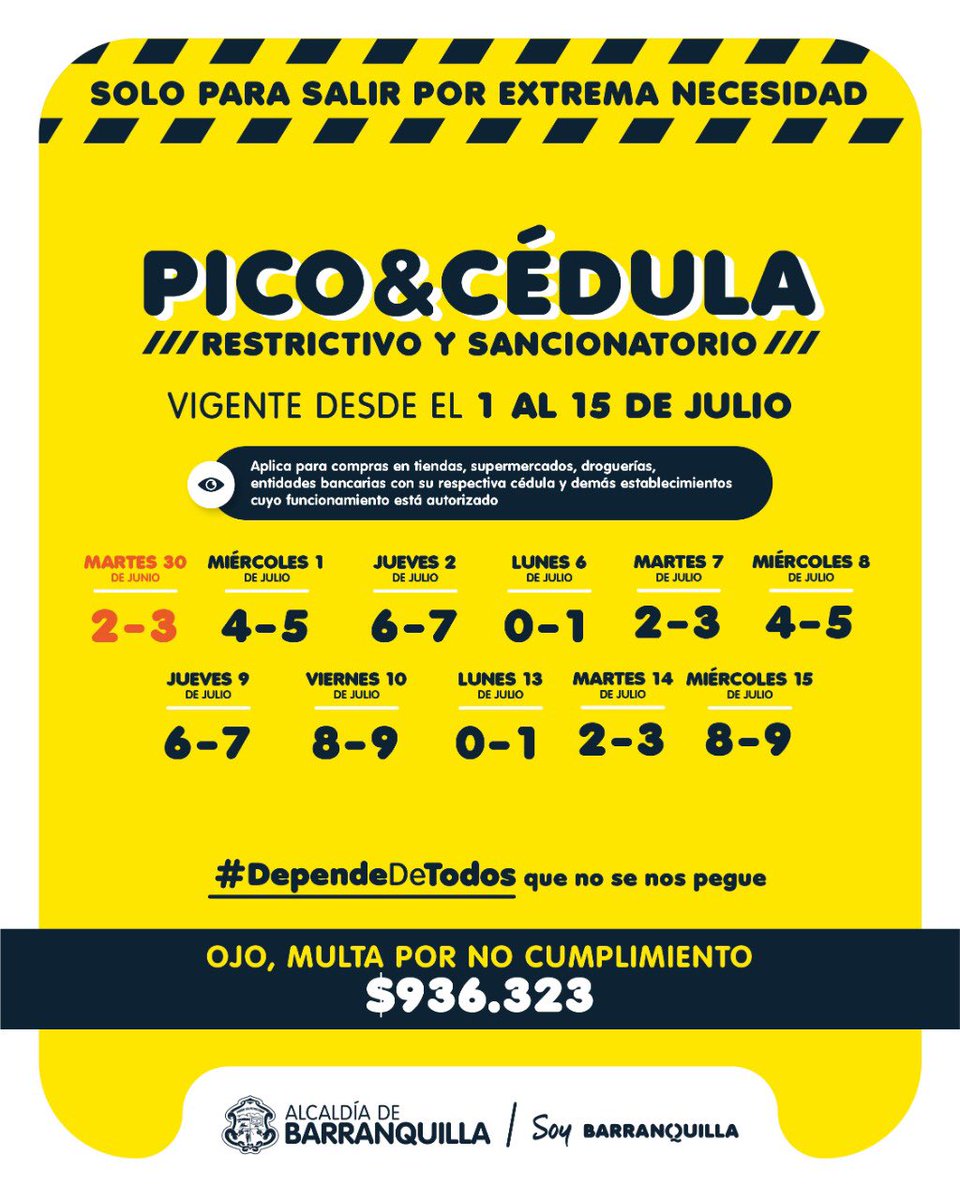 Alcaldia De Barranquilla On Twitter Ten En Cuenta El Pico Y Cedula Que Estara Vigente En La Ciudad A Partir Del 1 De Julio De 2020 Recuerda Que El 3 De Julio