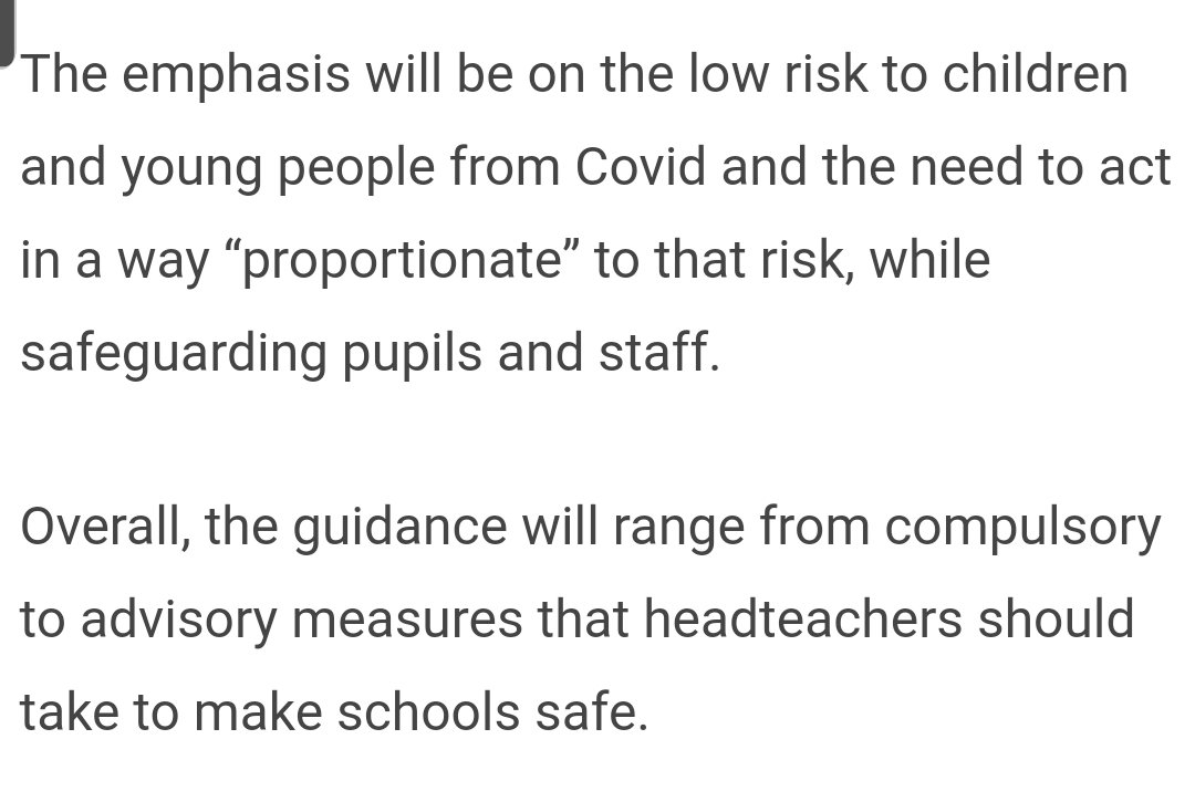 38/ Aim is to make parents feel safe about their children, but children are low risk so gov can take lots of risk, as for safeguarding staff, how well do you think this guidence protects them?Guidence will be must and advisories, can see how this plays out