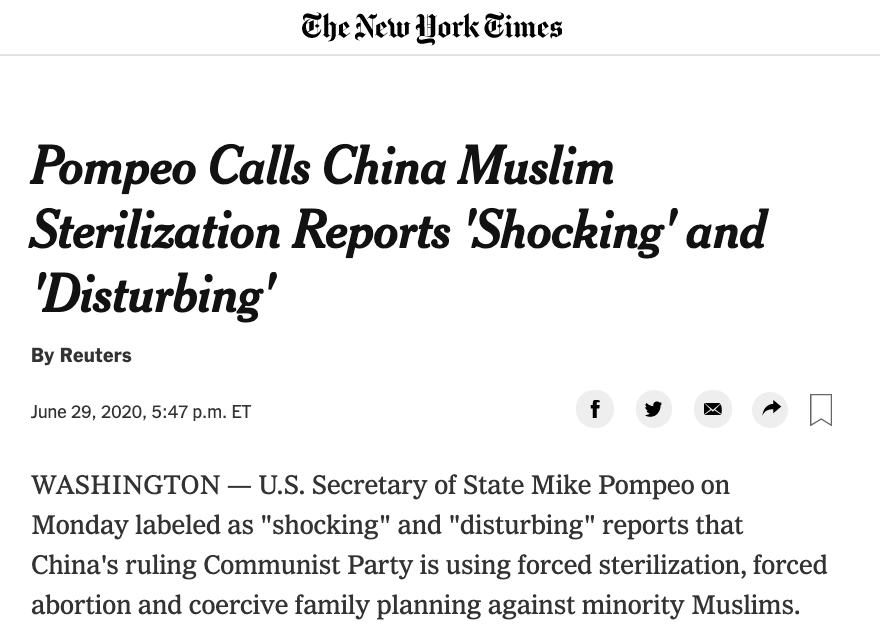 Much to the delight of Mike Pompeo, western media outlets published articles claiming China is sterilizing Uighur Muslims. All of these articles are based on the claims of Adrian Zenz, a homophobic fundamentalist Christian who sees himself as an anti-China crusader "led by God".