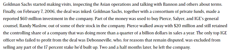 IGE, the company Brock Pierce founded in Spain, brought on former Goldman Sachs investment banker Stephen Bannon and received a $60 million Goldman Sachs investment.  https://www.wired.com/2008/11/ff-ige/?currentPage=all(Collins-Rector's first ISP, Concentric Networks, also received Goldman-Sachs money.)