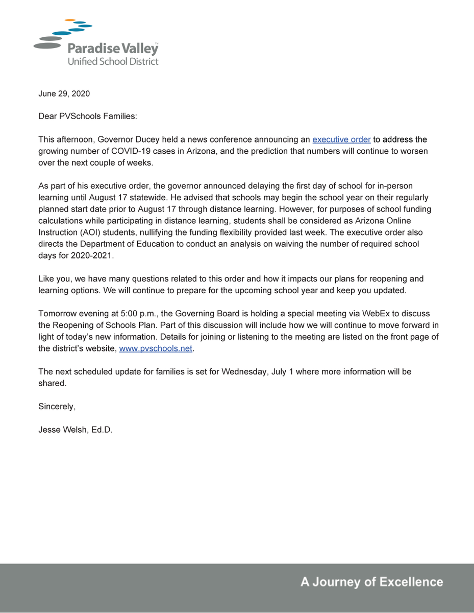 pvschools's tweet photo. Read #PVSchools response to Governor Ducey’s Announcement (posted below). View the PDF version of this letter at https://t.co/WTZ2TUCfBC, and stay tuned for our Wednesday, July 1 update for more information regarding the Reopening of Schools Plan. #PVSchoolsTogether https://t.co/ImBFsdI8Sc