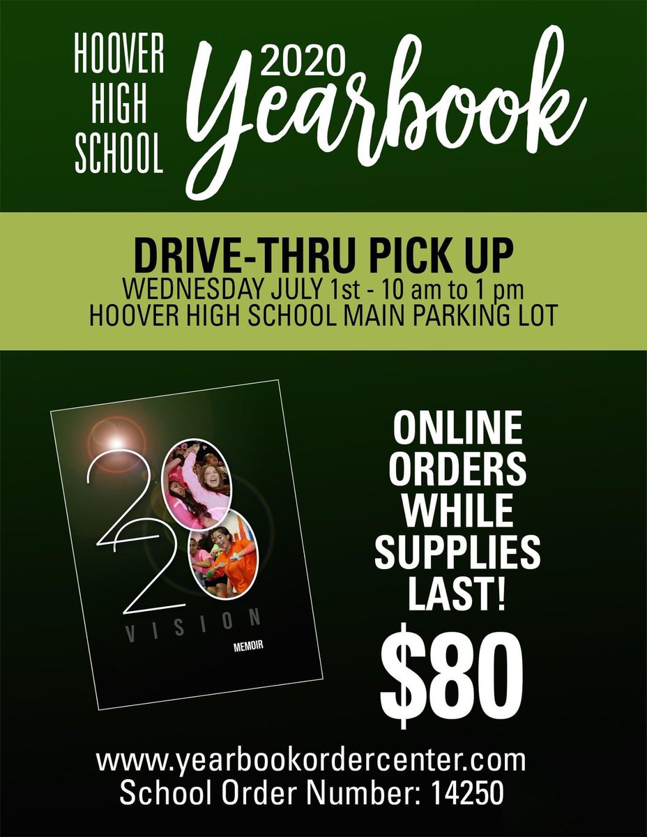 HoovAthletics's tweet photo. Hoover 2020 yearbooks have arrived! A drive-thru distribution for students who have already ordered their yearbooks! There are a limited amount of yearbooks still for sale online at https://t.co/sGN984kZrW  School code: 14250  No cash, checks or credit cards will be taken on site https://t.co/16tYkx1Nha
