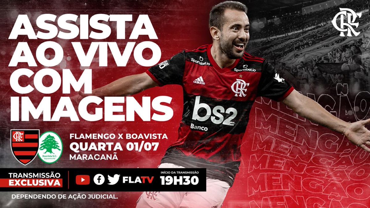 Flamengo's tweet photo. Anota na agenda: quarta, a partir das 19h30, tem Mengão ao vivo com imagens na #FlaTV. Vamos fazer história? Espalha pra geral!  A transmissão da partida contra o Boavista será gratuita pelo Youtube, Facebook e Twitter. 🔴⚫️ https://t.co/UHvtLyi38s