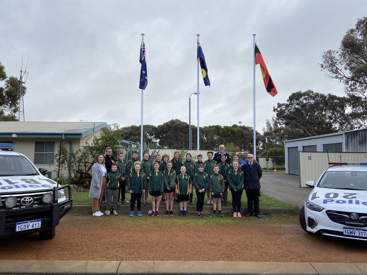 Brookton Police flag raising ceremony to celebrate the new flag poles at the station. Big thanks to year 5/6 children from the Brookton district high school. Also Tarla and Charlene from Seabrooke Aboriginal corporation#fb