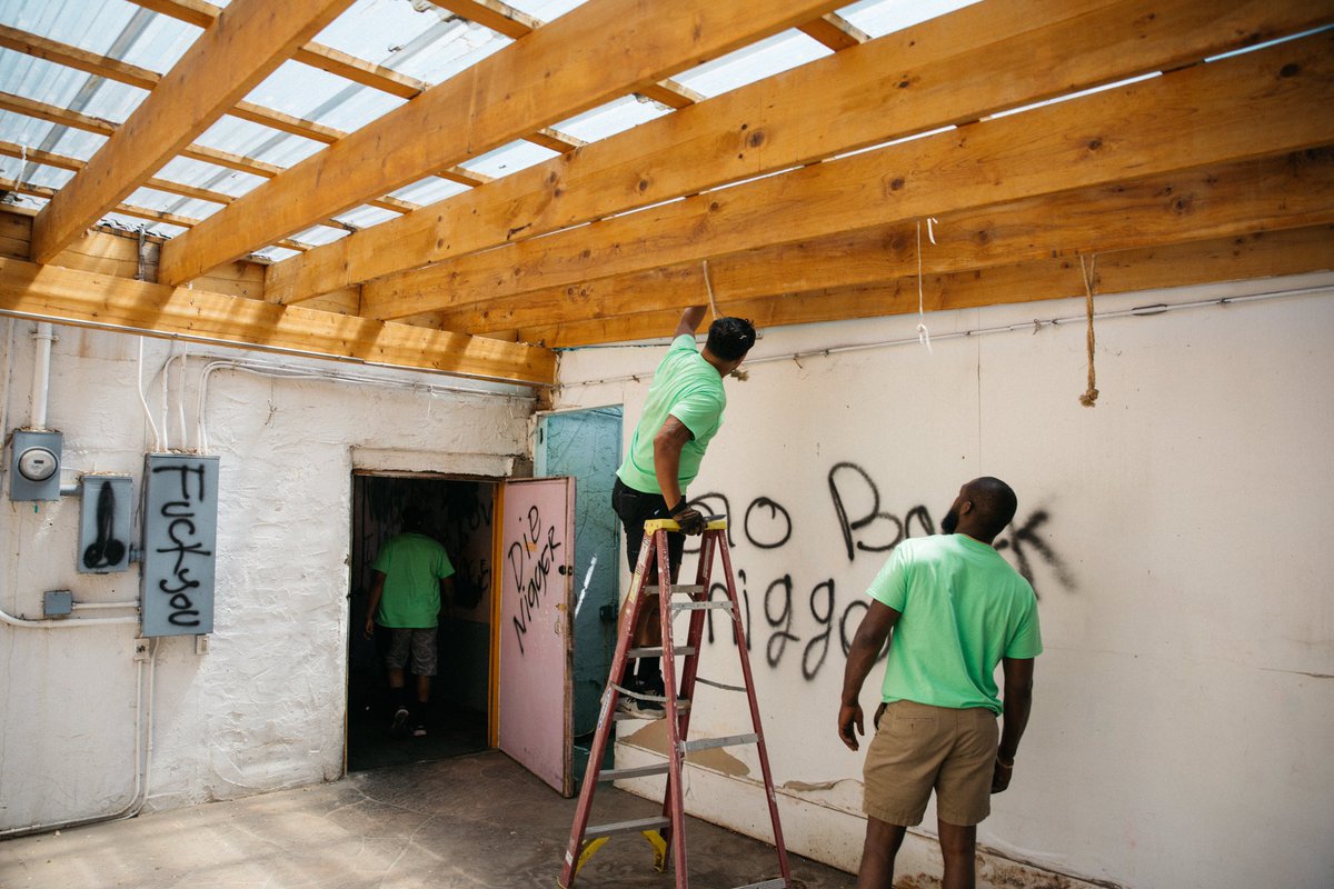 On Monday, Jon Jones and his C.A.R.E group helped clean up a local Sante Fe, N.M. restaurant after it was destroyed and vandalized by a white supremacist group. ( &   @thefoxidentity)