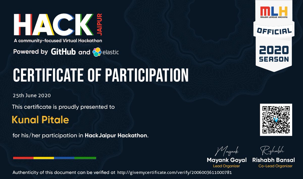 kunalpitale's tweet photo. ๐
#GitHub #HackJaipur #Hackathon #Elastic #GiveMyCertificate https://t.co/QaCYQj0hcf