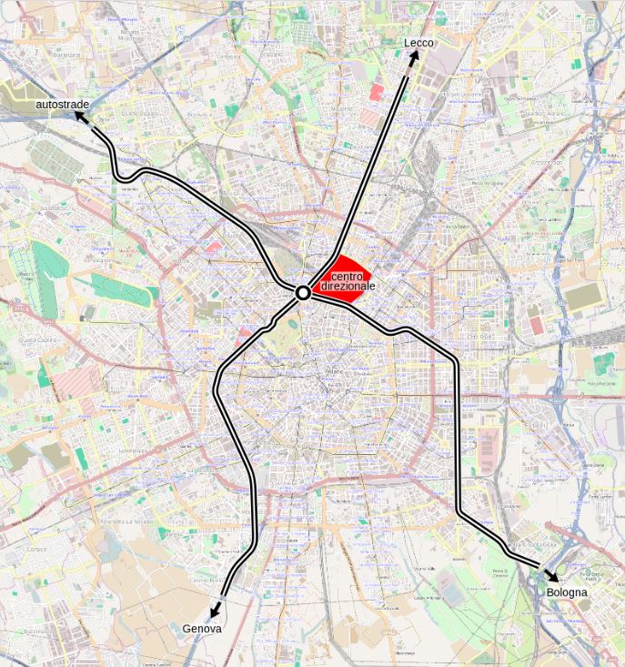 11/ The accessibility of the “Centro Direzionale” was to be granted by the metro, the new rail station and two new double carriageways, grade-separated, limited access roads named the “Assi Attrezzati” (in red). They were supposed to cross just outside the old city at Porta Volta