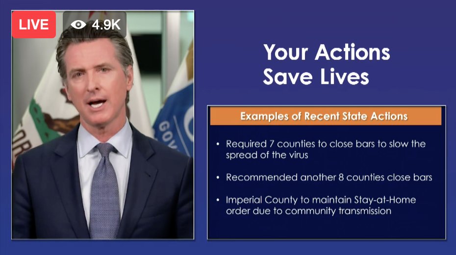 19/ As  @GavinNewsom said today, 19 CA counties (~70% of state population) now on watchlist because of surges. Bars closing in ~15 counties (incl. LA, Orange). Imperial returning to SIP, LA beaches closing  https://bit.ly/2AfESlD . Expect more use of “dimmer switch” in coming wks.