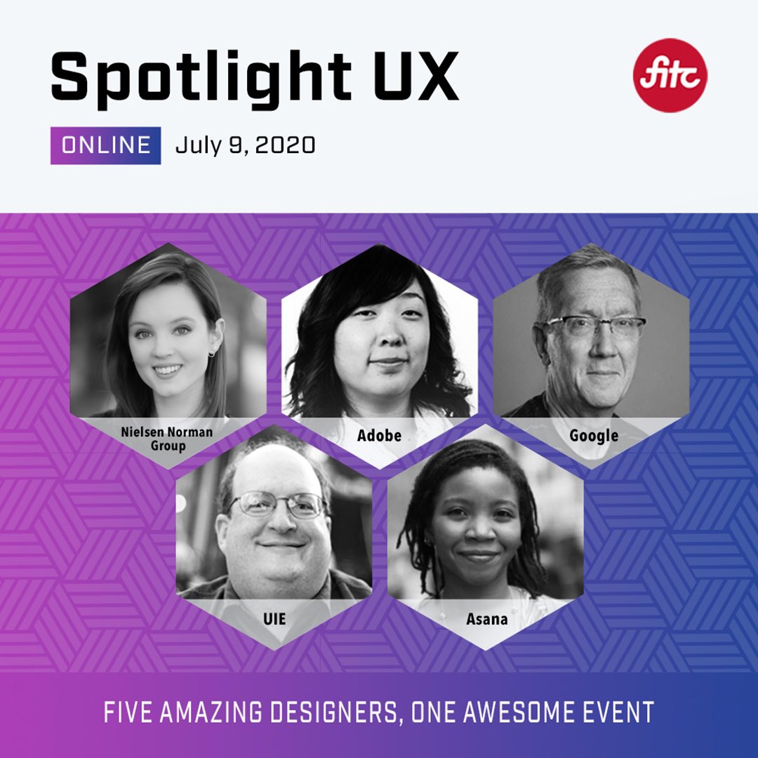 Spotlight is coming online on July 9th!

Our friends at @FITC are back at it next month with @jmspool @cattsmall @kate__moran @scottjenson @moonspired. See you online!

#techtoronto #devto 

fitc.ca/event/slux20/