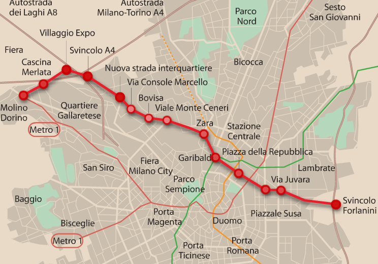 19/ nevertheless, freeways tried a comeback : for 2015 Expo, the city proposed a new 14 km highway tunnel along the same E-W alignment of one of the two “assi attrezzati” of the 1953 plan. It was supposed to be a privately financed tool-road, but investors never materialized