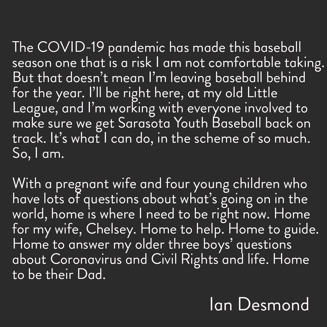 In a very powerful Instagram post, Ian Desmond explains why he's opting out of the 2020 season. https://www.instagram.com/p/CCCp7aSptTr/?hl=en