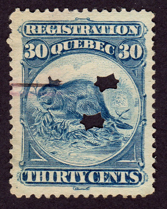 rocketdog632's tweet photo. A 30 cent blue Quebec Registration stamp from 1871. Is hole punch cancelled. Has a beaver on the front of the stamp. Printed by the British American Banknote Company. #stamps #collectibles #Quebec #Canada #revenuestamps #backofbook https://t.co/0fjMmUgFES