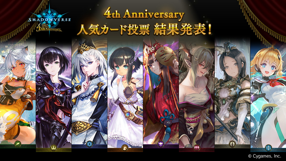 Shadowverse公式アカウント 4th Anniversary 人気カード投票 結果発表 投票で各クラス1位に選ばれたカードはこちら 沢山のご投票 ありがとうございました 上位カードは リーダースキンの実装を予定しております 詳細は公式サイトをご覧