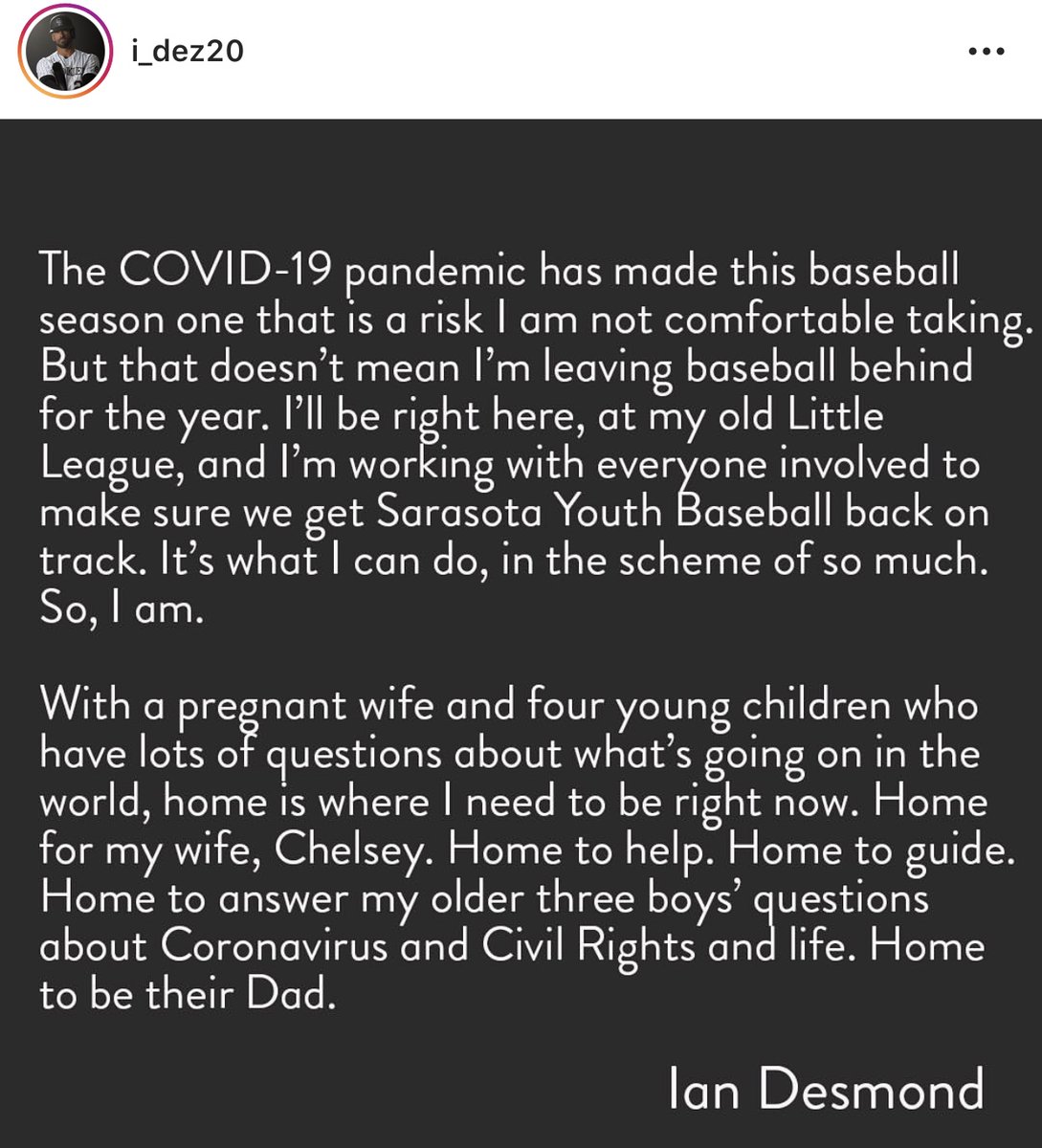 "Home is where I need to be right now."

Read Ian Desmond's full message to fans: instagram.com/p/CCCp7aSptTr/