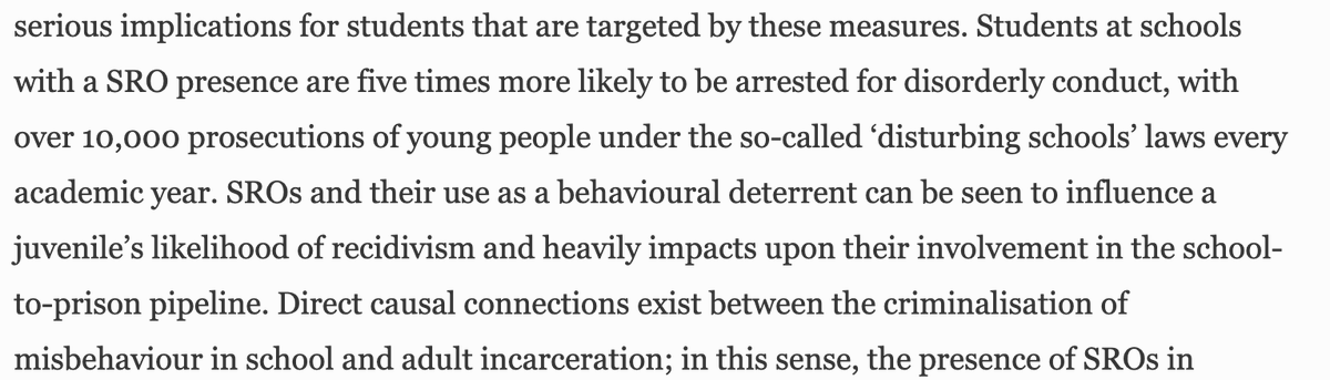 Research in the US shows that the presence of SROs significantly and directly increases incarceration rates for students:  https://link.springer.com/article/10.1007/s10780-018-9326-5