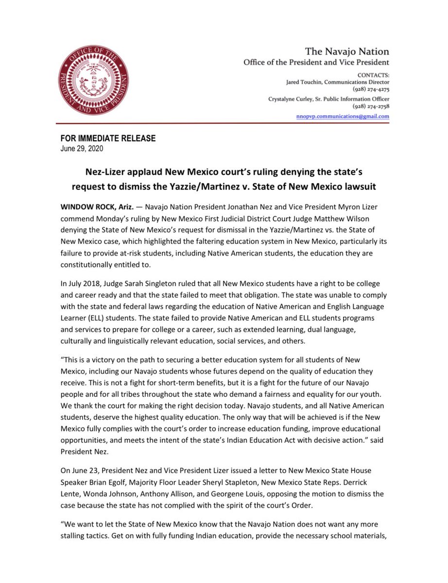 NezForAZ's tweet image. Nez-Lizer applaud New Mexico court’s ruling denying the state’s
request to dismiss the Yazzie/Martinez v. State of New Mexico lawsuit
