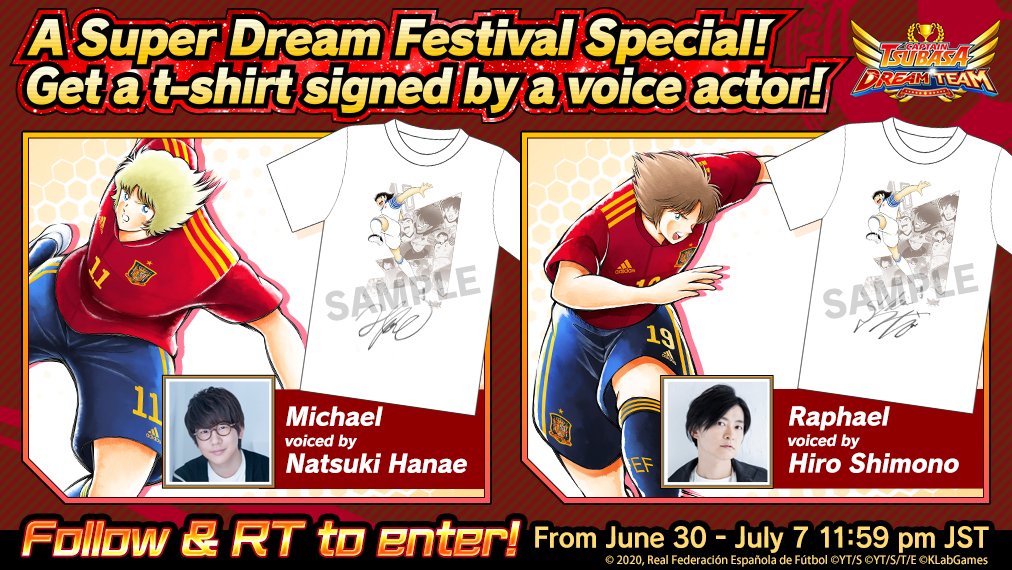 Get a t-shirt signed by a voice actor!

Two people will get a t-shirt signed by #NatsukiHanae 
Two people will get a t-shirt signed by #HiroShimono
Winners will be randomly selected!

How to Enter
1. Follow this account @TsubasaDT_en
2. Retweet this!

bit.ly/3eOJIW8