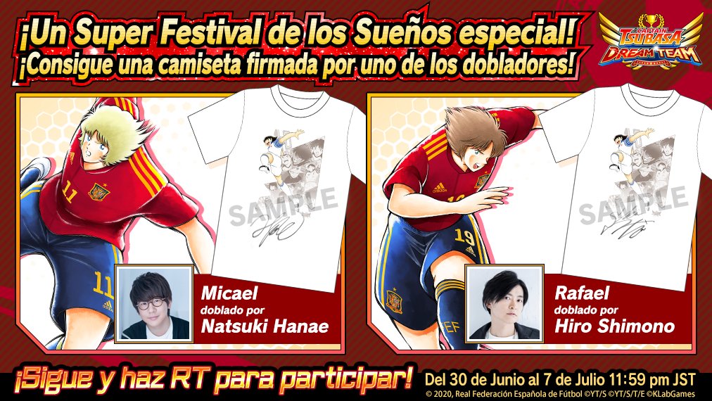 ¡Gana una camiseta firmada por los actores de doblaje!

2 participantes al azar ganarán una camiseta firmada por #NatsukiHanae y otros 2 una firmada por #HiroShimono 

Cómo participar:
1. Sigue esta cuenta @TsubasaDT_es
2. Haz RT a este tweet

bit.ly/2Bam3Rq