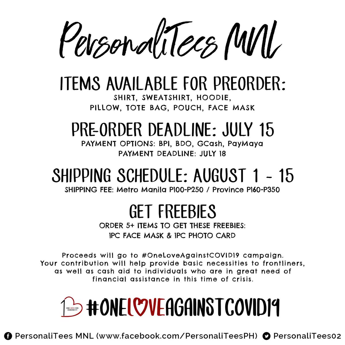 Pre-order customized items for a cause! Available this month: Shirt, Sweatshirt, Hoodie, Pillow, Tote Bag, Pouch, Face Mask Payment deadline: July 15Proceeds will go to  @lovehumanityph  #OneLoveAgainstCOVID19 campaign. Order here:  https://www.jotform.com/personaliteesmnl/IU #IU  #아이유