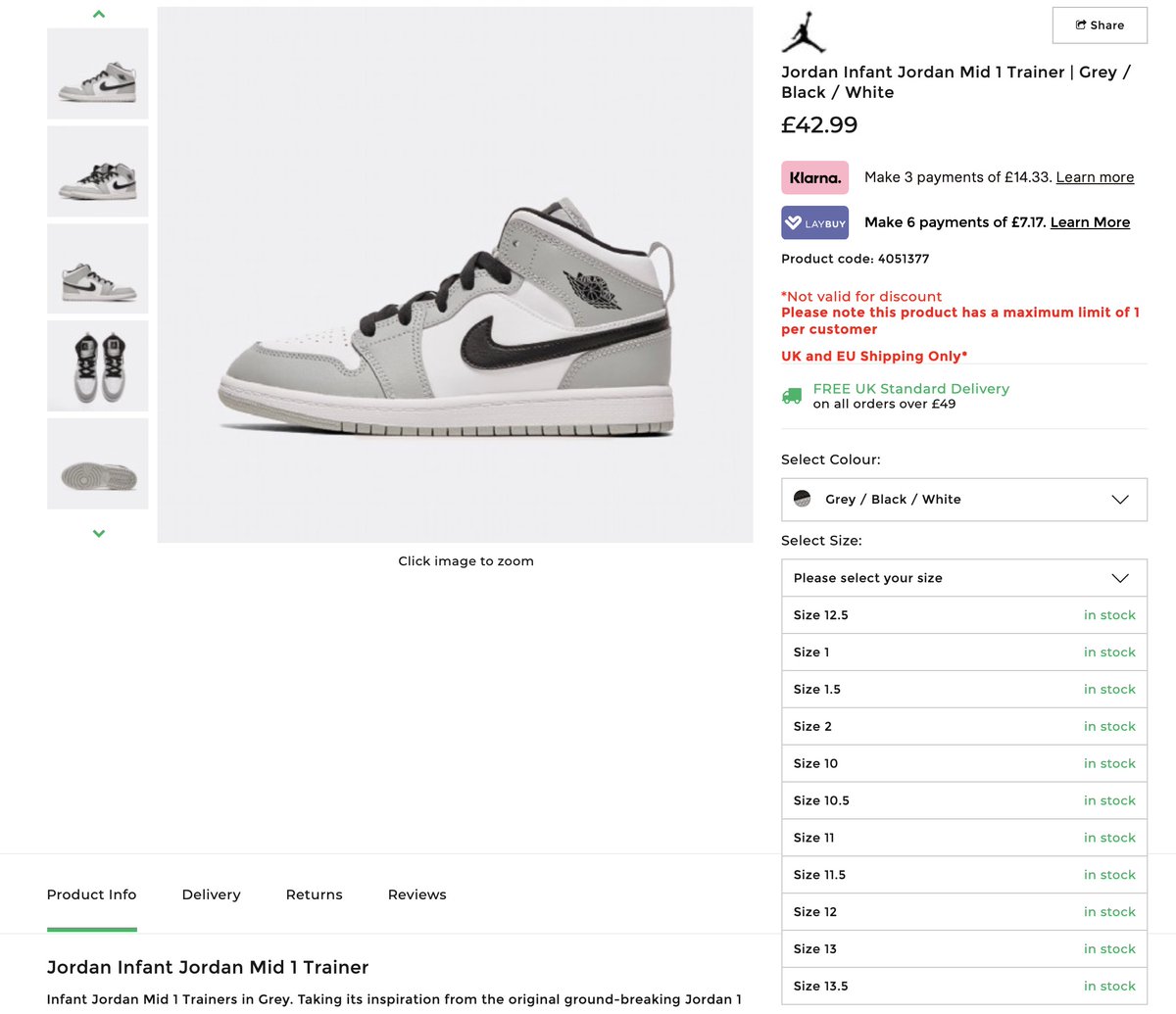 jordan air 1 mid infant grey