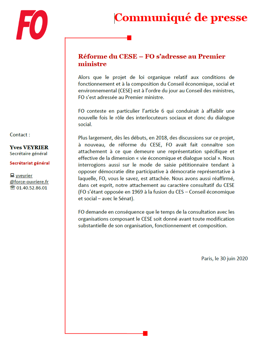 force_ouvriere's tweet photo. Communiqué : Réforme du CESE – FO s’adresse au Premier ministre : le projet de loi est à l’ordre du jour au Conseil des ministres. FO conteste en particulier l’article 6 qui conduirait à affaiblir une nouvelle fois le rôle des interlocuteurs sociaux et donc du dialogue social. https://t.co/UIz2ftDgaR
