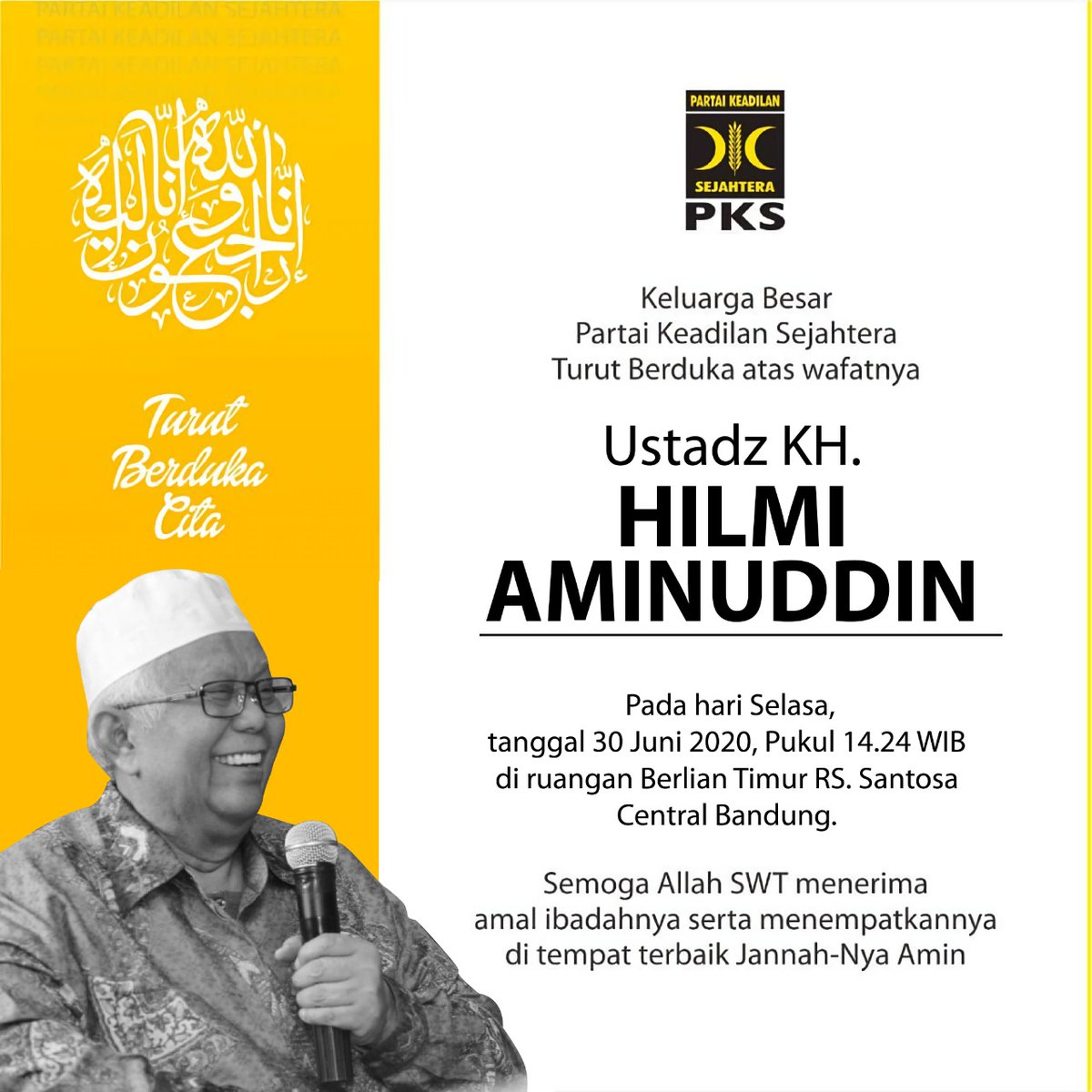 Keluarga Besar Partai Keadilan Sejahtera merasakan duka mendalam atas Wafatnya Guru kami, KH. Hilmi Aminuddin (Ketua Majelis Syura PKS 2005-2015) 

Doakan yang terbaik semoga Allah limpahkan husnul khotimah. Allah terima segala amal baiknya dan ampuni kesalahannya. Amiin.