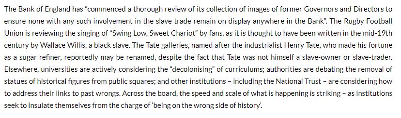 This an attempt to discredit the current critique of public memory by trying to produce egs which look ridiculous. Equally "decolonising" the curriculum is presented without any exploration of what this actually means i.e. studying problematic people and events in MORE depth!