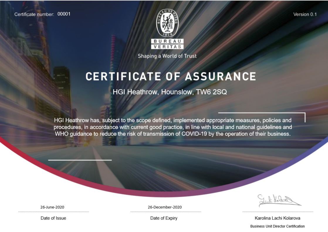 Very proud that @HGIHeathrow has become the first hotel in UK to receive a Certifcate or Assurance from @bureauveritas for our Covid Secure procedures. We are clean, safe, CovidSecure, and can’t wait to welcome all our guests back from Saturday #hotels #hospitality #covidsecure