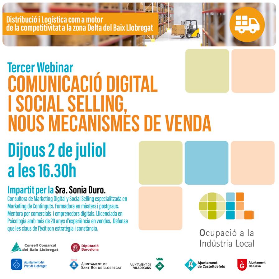 El proper dijous no et perdis el webinar "Comunicació digital i social selling, nous mecanismes de venda" a càrrec de <a href="/DuroLimia/">Sonia Duro Limia</a>
 
#DesenvolupamentLocal #Empresa #OcupacioIndustria #Industria40 #AgendaIndustria
🗓️Dijous 02/07/2020
⏰16:30h.
👉Inscripcions: eseu.gavaciutat.cat/icp/