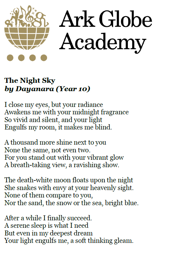 ArkGlobeAcademy's tweet photo. Congratulations to Dayanara (Year 10) for winning the previous week's #poetry championship - to enter the competition go to: https://t.co/2DzVU899LP #globeconnect https://t.co/MWF44TN9NW