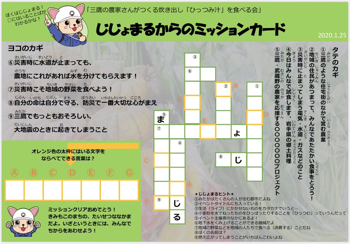 やろうよ こどもぼうさい 防災団体 クロスワード 今年の1 25に開催した都市農業 防災のイベントで配布したオリジナルのクロスワード 三鷹 農業というキーワードではありますが お時間があれば挑戦してみてください 今週金曜日に解答を投稿し