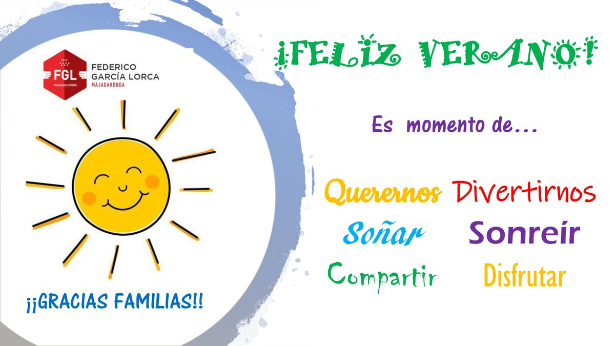 CEBIP_FGL's tweet photo. Se acaba este curso pero volveremos con mucha fuerza. Gracias #Familias por acompañarnos estos meses, sin vosotros no lo habríamos conseguido. Cerramos las persianas para abrirlas en septiembre con mucha ilusión. ¡Feliz verano! #Educacion #profescomprometidos #FGL https://t.co/Jb8GThq0bp