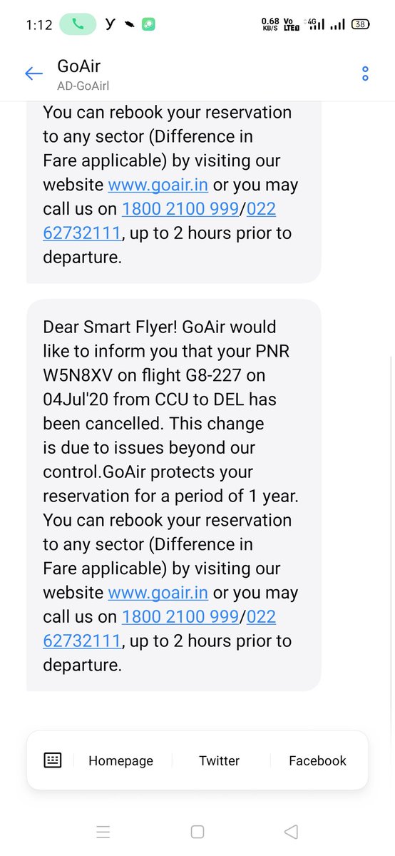 elegant_sam's tweet photo. @goairlinesindia I was traveling to Kolkata to Srinagar on 04th of July. Today I have received cancellation msg for my CCU to Delhi flight. I am trying to call your customer care but I am unable to connect. How can I reach Delhi if there is no flight from Kolkata. What is reason. https://t.co/lE2Tid6l2d