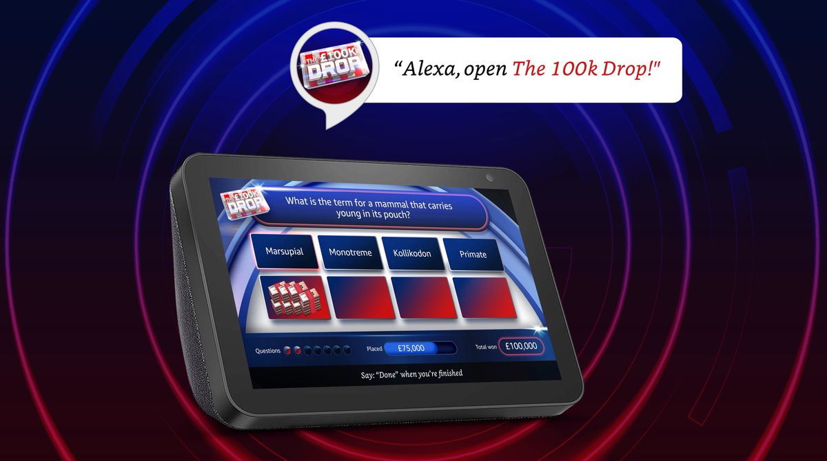 If you’re in the UK you can now play The 100k Drop using only your voice with the new Alexa skill from our partner @Vocalaco. No actual cash prize but plenty of fun to be had. Say, “Alexa, open The 100k Drop” to play.