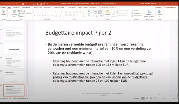 (-) The budgetary impact is hard to define for Belgium. Pillar 1 would have no significant impact and pillar 2 would have an impact of around 100 million EUR (taking 10% minimum rate and taking into account pillar 1 and behavioral changes MNEs.)