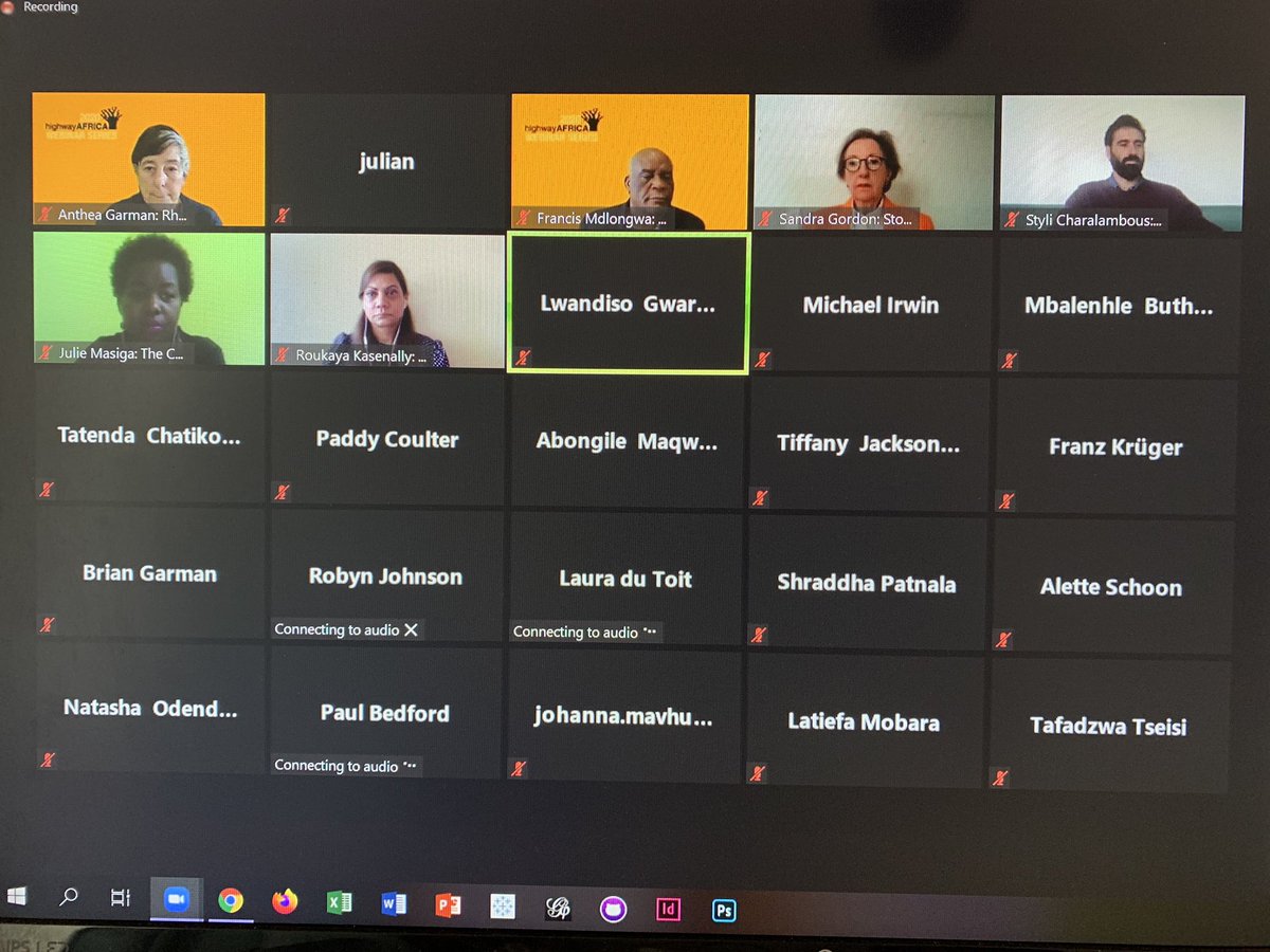 Rhodes_JMS's tweet photo. Happening right now is our first webinar entitled: “The Future of Journalism and Media in Africa” #AfricaMediaFutures #ruJMS @Rhodes_Uni @Journ_SA @jlcomms11 @QSompondo @JacobsLuzuko @DemocracyWF @SAEditorsForum @misazimbabwe @GCISMedia @GCIS_ECape https://t.co/k72l78vbhs