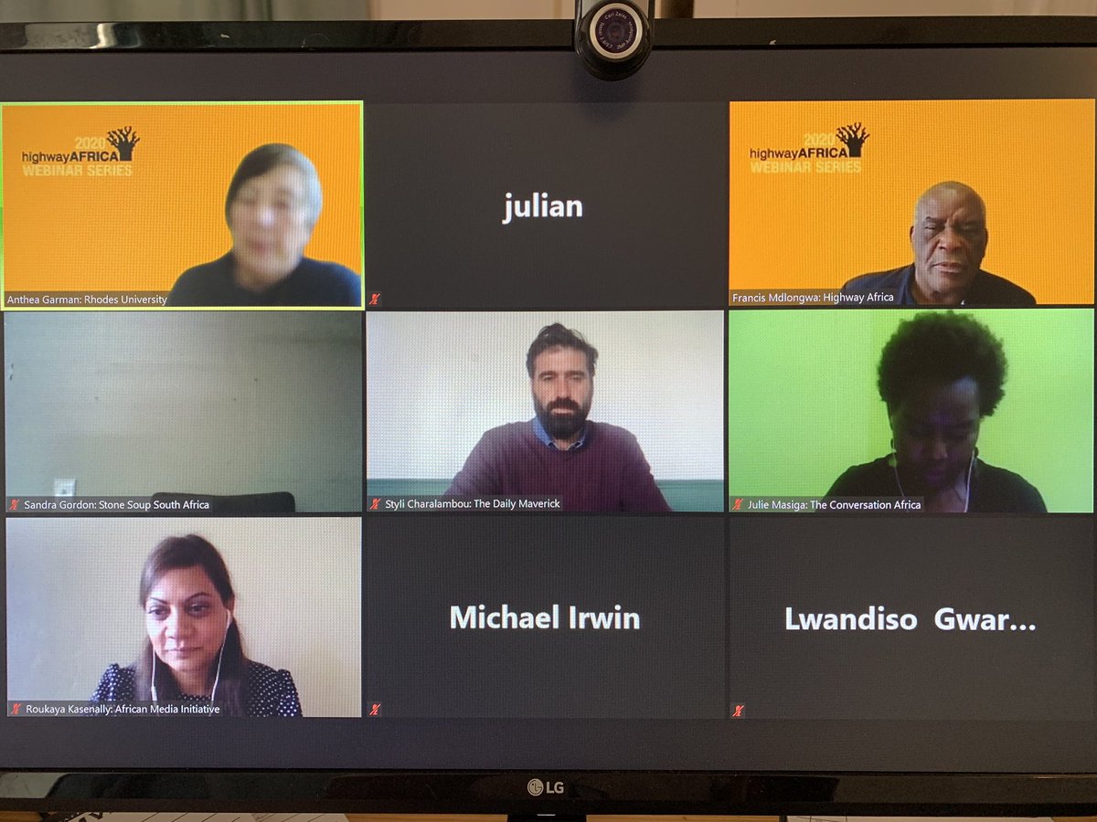 Rhodes_JMS's tweet photo. Happening right now is our first webinar entitled: “The Future of Journalism and Media in Africa” #AfricaMediaFutures #ruJMS @Rhodes_Uni @Journ_SA @jlcomms11 @QSompondo @JacobsLuzuko @DemocracyWF @SAEditorsForum @misazimbabwe @GCISMedia @GCIS_ECape https://t.co/k72l78vbhs