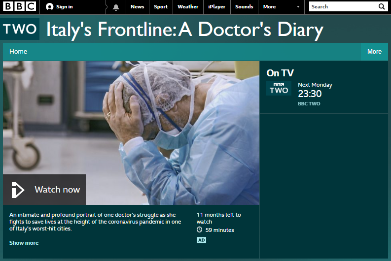 .<a href="/BBCTwo/">BBC Two</a>'s 'Video Diary of a Doctor' by a woman in Cremona, Italy, on the frontline during the peak of  #coronavirus. Rightly described as 'intimate tales of quiet heroism'. It brings home to us lucky ones the dangers, the risks, and how we must not let up yet. Haunting.