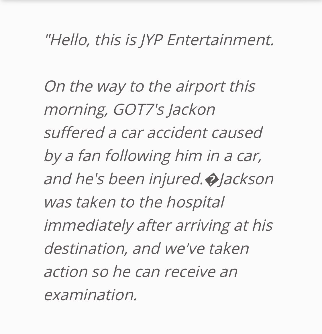 Back in 2016 on the way to the airport Jackson was followed by sasaeng and he got into an accident. Even then the company did absolutely nothing. I remember all of us freaking out and demanding for legal action but nothing was done