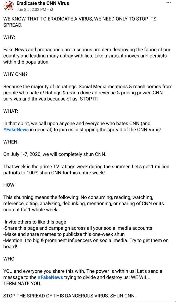 SamParkerSenate's tweet photo. The "Eradicate the #CNNVirus" campaign calls for a 100% shunning of CNN in all forms--including refraining from mere mention of its name.
It calls for sharing the campaign w/others.
Finally, it calls for everyone to do it at the same time, to leverage our numbers.
Details π https://t.co/EfegBzR7ki