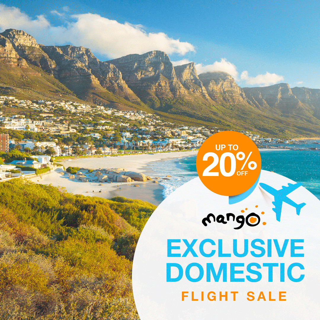 ENDS TODAY! 20% OFF (base fare) with <a href="/FlyMangoSA/">Mango Airlines</a> to #Johannesburg, #CapeTown or #Durban (one-way), from 15 June 2020 - 31 March 2021*.

BOOK NOW: megaflightdeals.com
Valid until 30 June 2020. *Subject to availability. 
Business/Essential travel permit required.