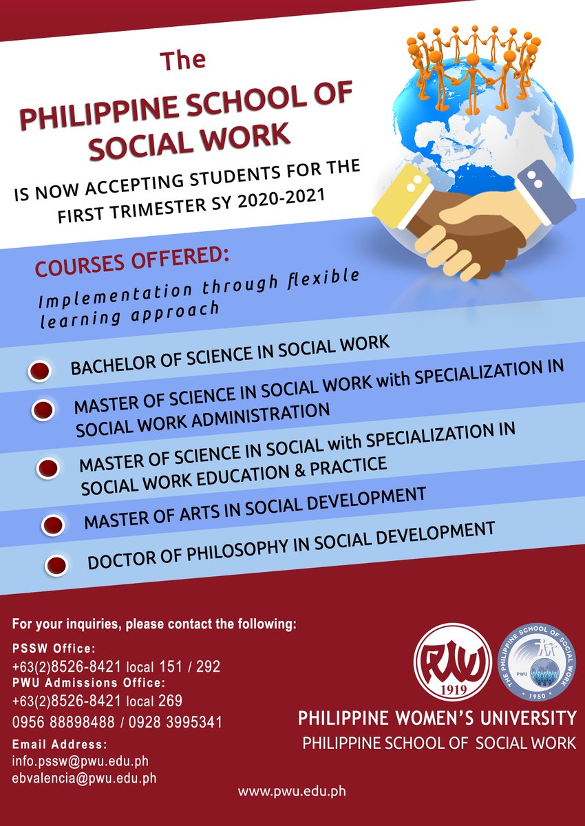PWU_Manila's tweet photo. Ongoing Admission and Enrollment for School Year 2020-2021. Please see Admission requirements, Enrollment Procedure and ONLINE APPLICATION at https://t.co/RjlHz9TRye
#PWU100 #SchoolofSocialWork #PSSW #socialwork #administration #socialdevelopment #educationandpractice https://t.co/PDWfU4EygR