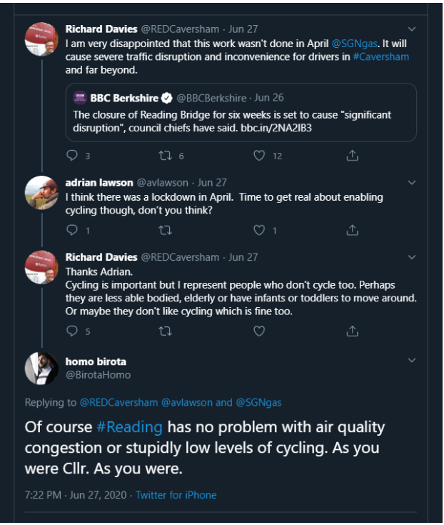 As a footnote it is also concerning to see a Reading Council member echoing tired strawman arguments about not everyone being able to cycle. Cycle infrastructure is about enabling people to feel safe and have a choice