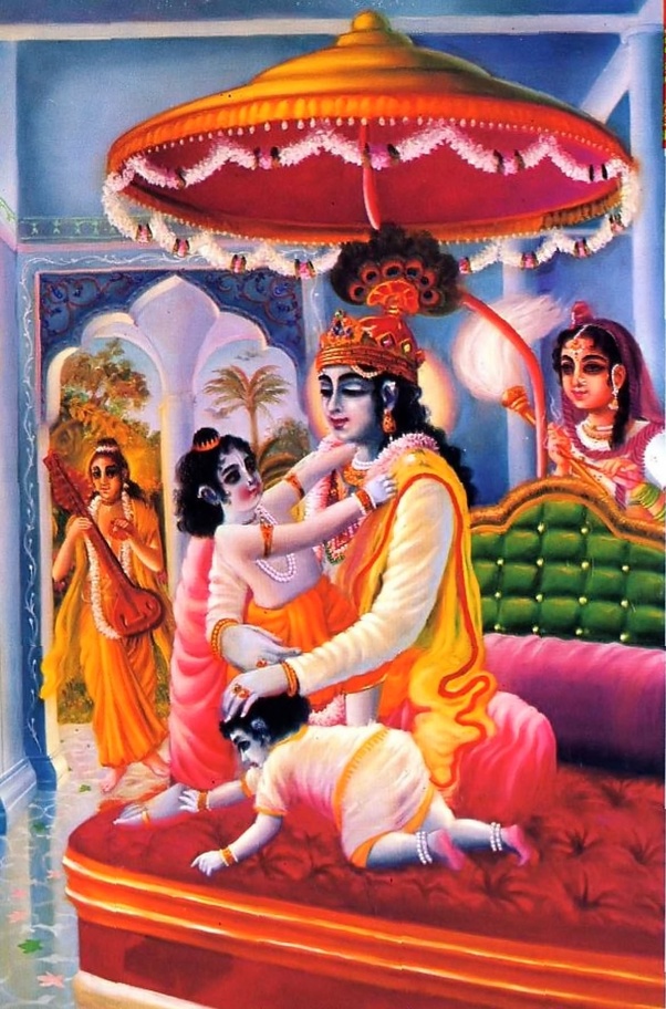 Lord Krishna build a separate palace for each queen and He expanded Him into 16,108 identical forms and lived with all His queens simultaneously. Lord Krishna begot at least 10 children from each queen and He had more than 1, 61,108 children.